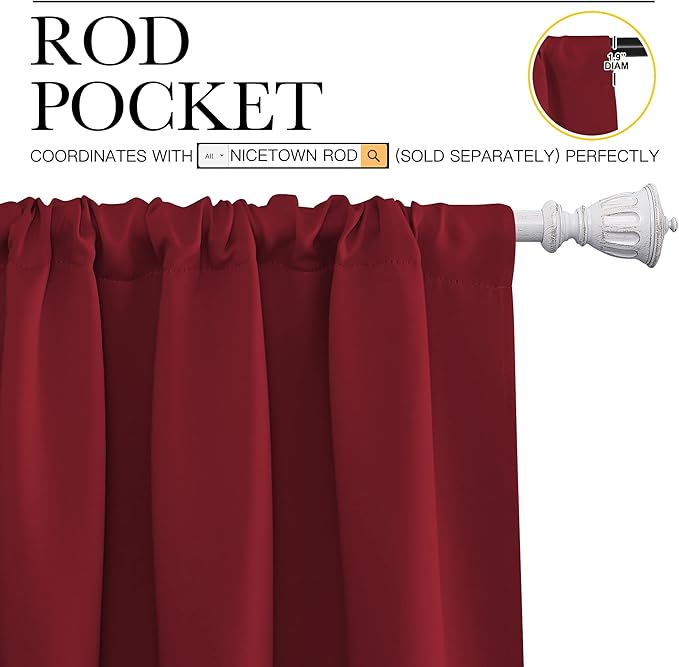 NICETOWN Christmas Burgundy Curtains Blackout Drape Panels - Lights Block Out Window Treatment Short Curtain Sets for Loft and Basement Decoration (Set of 2, 34 by 45-Inch)