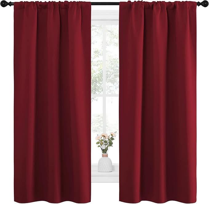 NICETOWN Christmas Burgundy Curtains Blackout Drape Panels - Lights Block Out Window Treatment Short Curtain Sets for Loft and Basement Decoration (Set of 2, 34 by 63-Inch)