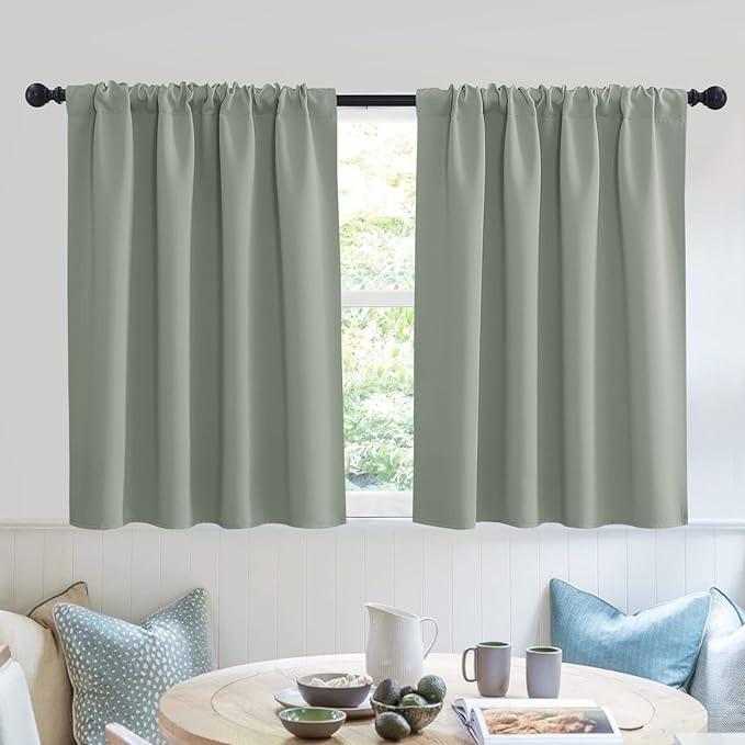 RYB HOME Short Blackout Curtains for Small Window, Sunmmer Heat Light Blocking Privacy Protection Curtains for Sunroom Laundry Room Stair Window, Width 52 by Length 36, Greyish Green, Set of 2
