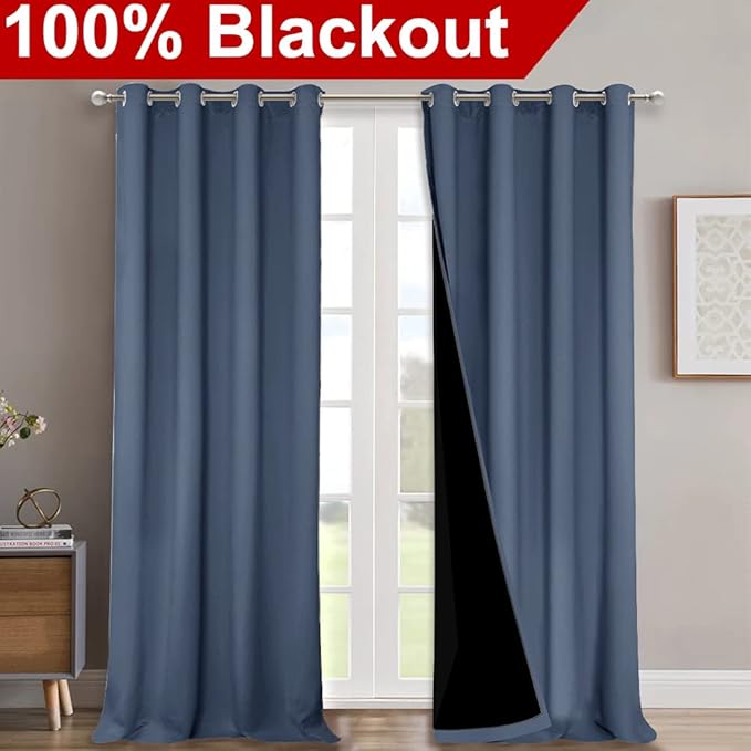 NICETOWN Insulated 100% Blackout Curtains, Noise Reducing Performance Drapes with Black Lining, Full Light Blocking Draperies for Overnight Shift Worker (Stone Blue, 1 Pair, 52 inches x 95 inches)