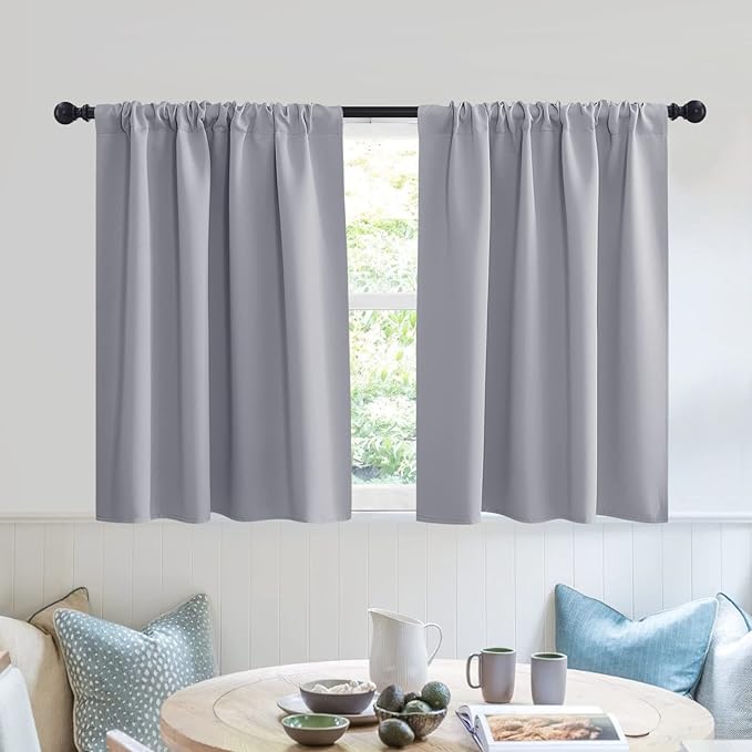 RYB HOME Blackout Privacy Bathroom Window Curtains, Short Thermal Insulated Heat Blocking Privacy Rod Pocket Half Window Curtain Tiers for Nursery Bedroom, Width 42 by Length 30, Silver Grey, 2 Panels