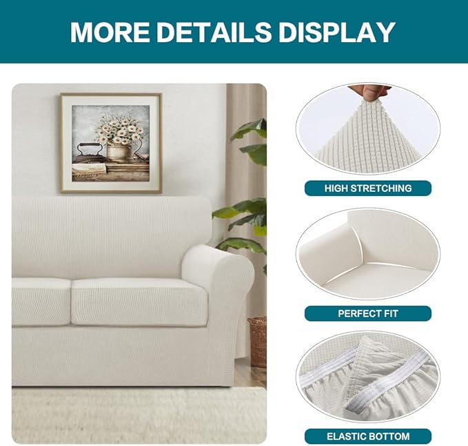 Turquoize 4 Piece Sofa Covers for 3 Cushion Couch Sofa Slipcover Soft Couch Cover for Dogs-Washable Sofa Furniture Covers with 3 Individual Large Cushion Covers (XL Sofa, Cream)