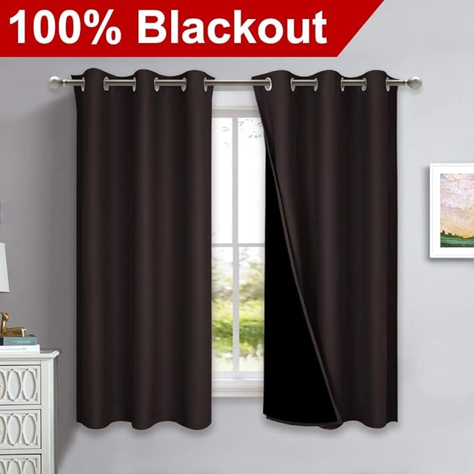 NICETOWN 100% Blackout Short Curtains with Black Liners, 2 Panels, 37" W by 50" L, Toffee Brown, Solid Thermal Insulated Full Blackout 2-Layer Lined Drapes, Energy Efficiency Window Drapes for Bedroom