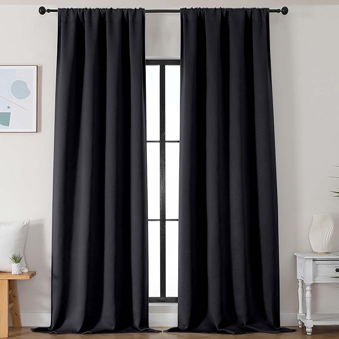 Simplebrand Black Blackout Curtains for Bedroom 102 Inches Long 2 Panels, Solid Thermal Insulated, Energy Saving Living Room Window Treatment Curtains Blackout Drapes, W50 x L102 Inch, Black