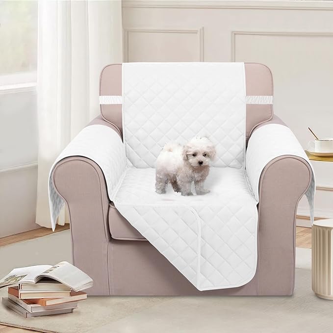 U-NICE HOME Reversible Oversized Chair Covers Quilted Water Repellent Pet Protectors with Elastic Straps(28''Armchair, White/White)