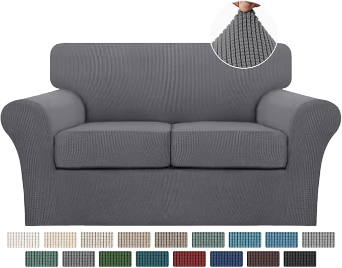Turquoize 3 Piece Sofa Covers for 2 Cushion Couch Sofa Slipcover Soft Couch Cover for Dogs-Washable Sofa Furniture Covers with 2 Individual Cushion Covers, Thick Jacquard Fabric (Loveseat, Gray)