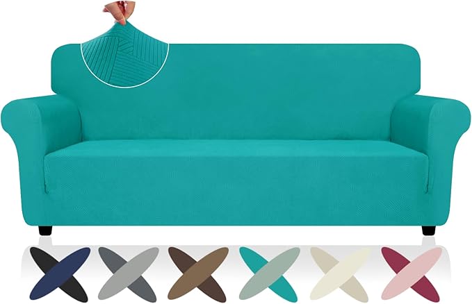 ZNSAYOTX Super Stretch Sofa Cover (72"-92"), New Striped Sofa Covers Fitted Slipcovers with Elastic Bottom, Dog Cat Pets Proof Spandex Washable Fabric Comfortable & Durable (Peacock Teal, Sofa)