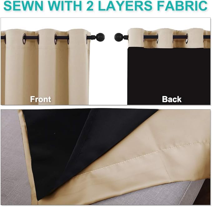 NICETOWN Bedroom Full Blackout Curtain Panels, Super Thick Insulated Window Covers, Complete Blackout Draperies with Black Liner for Short Window(Biscotti Beige, Set of 2 PCs, 55 by 68-inch)