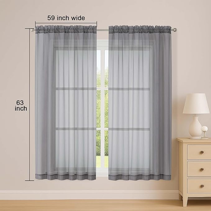 OWENIE Sheer Grey Curtains, Sheer Curtains 63 inch Length 2 Panels Set, Rod Pocket Voile Fimly Sheer Drapes for Living Room Bedroom, 2pcs, Grey, Each 59" W x 63" L