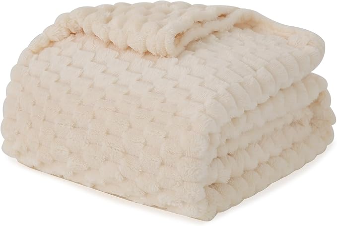 Puncuntex Cream White Throw Blanket 90"×90" inches Fuzzy 3D Jacquard Decorative Flannel Fleece Super Soft Plush Cozy Blanket for Couch Sofa Chair Lightweight
