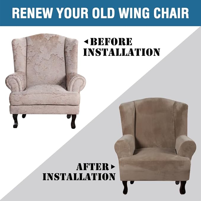 H.VERSAILTEX Wingback Chair Covers Velvet Plush Wing Chair Slipcover 1 Piece High Stretch Wing Back Chair Slipcovers Sofa Cover Furniture Cover with Elastic Bottom, Mocha