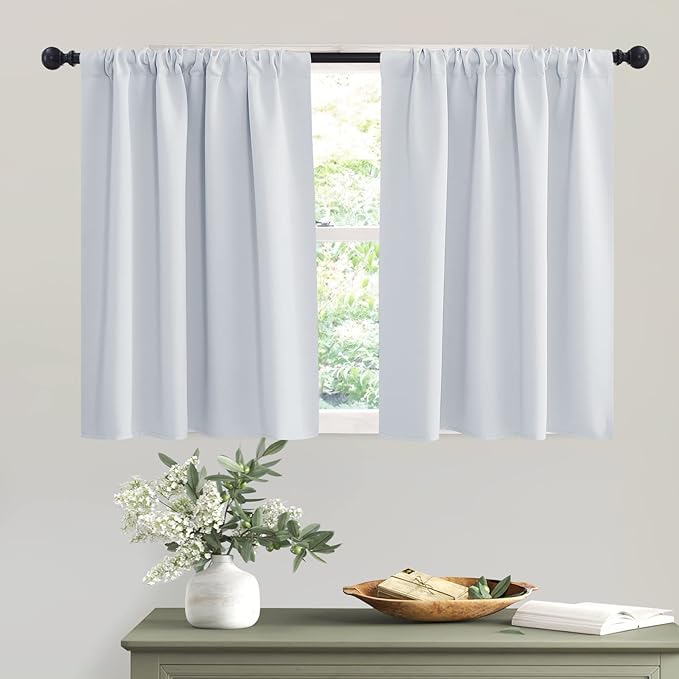 RYB HOME Short Grayish White Curtains for Small Bedroom Window, Insulating UV Blocking Drapes for Kitchen Cafe Basement Garage, Privacy Tiers for Bathroom Window, Width 42 by Length 36, Set of 2