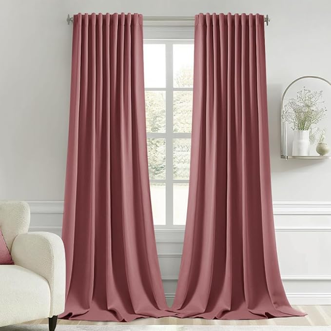 MIULEE Dusty Rose Back Tab Blackout Curtain 96 Inch Long 2 Panels Set for Bedroom, Rod Pocket/Pinch Pleat Thermal Insulated Living Room Darkening Pleated Light Blocking Floor to Ceiling Drape