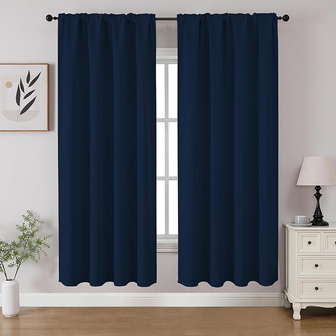 CUCRAF Navy Blue Blackout Curtains 63 inch Length 2 Panels Set, Rod Pocket Room Darkening Drapes for Bedroom Living Room, Insulated Thermal Light Blocking Window Curtain (W52 x L63 Inch)