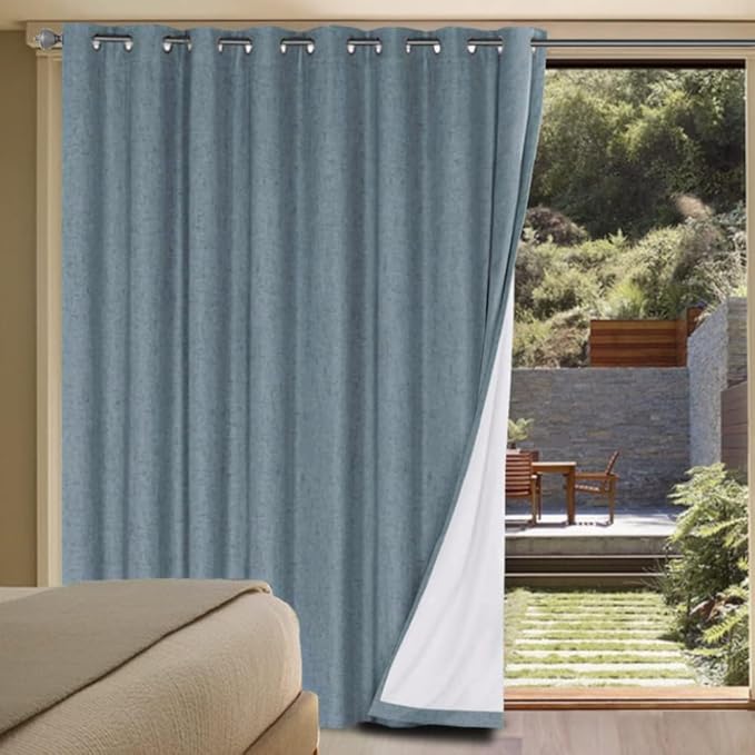 H.VERSAILTEX Linen Blackout Curtains Durable Thick Textured Linen Look 100% Blackout Patio Door Curtain Anti Rust Grommet Extra Wide Sliding Door Curtain Panel, W100 x L108 inch - Stone Blue