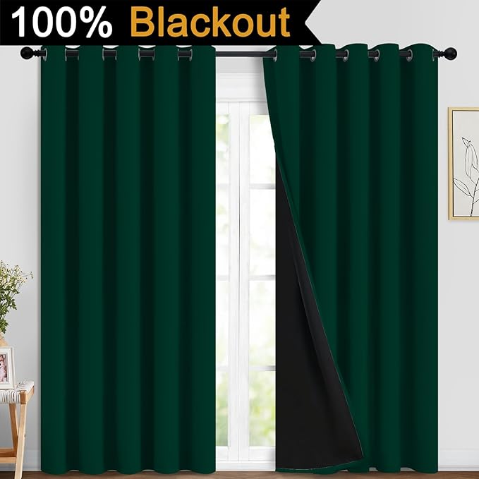 Yakamok 100% Blackout Curtain for Bedroom,Thermal Insulated Drapes with Black Liner Full Room Darkening Energy Efficiency Window Curtains for Living Room(70Wx84L,Dark Green, 2 Panels)