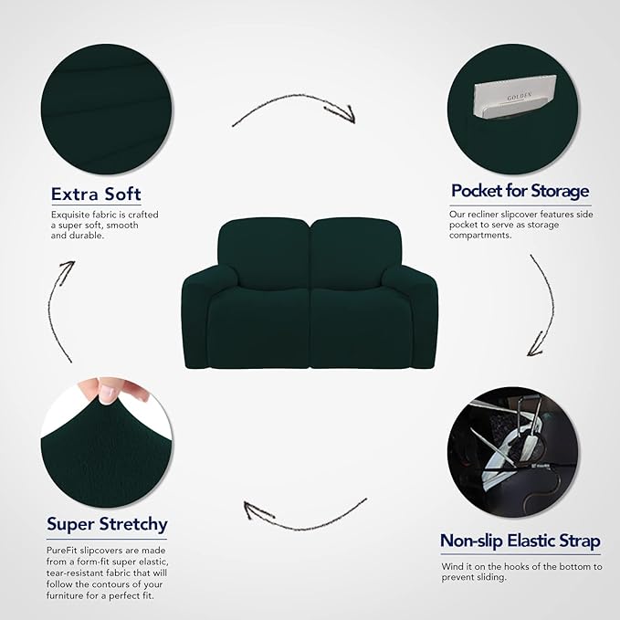 PureFit Super Stretch Loveseat Recliner Sofa Couch Cover with Pocket – 2 Seat Non Slip Soft Sofa Slipcover, Washable Reclining Furniture Protector for Kid, Pet (Recliner Loveseat, Deep Teal)