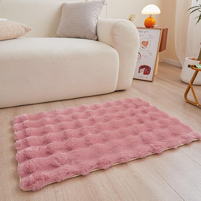 Pink Rabbit Plush Rug 2'x3', Fluffy Faux Fur Shaggy Area Rug for Nursery, Kids Room Decor, Soft Fuzzy Carpet for Living Room, Bedroom, Teen Girls Room
