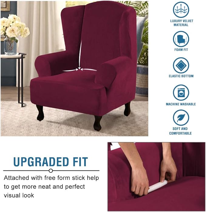 H.VERSAILTEX Wingback Chair Covers Velvet Plush Wing Chair Slipcover 1 Piece High Stretch Wing Back Chair Slipcovers Sofa Cover Furniture Cover with Elastic Bottom, Burgundy