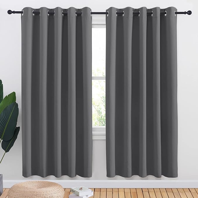 NICETOWN Bedroom Curtains Blackout Drapery Panels, Three Pass Microfiber Thermal Insulated Solid Ring Top Blackout Window Curtains/Drapes (Two Panels, 70 x 72 inches, Gray)