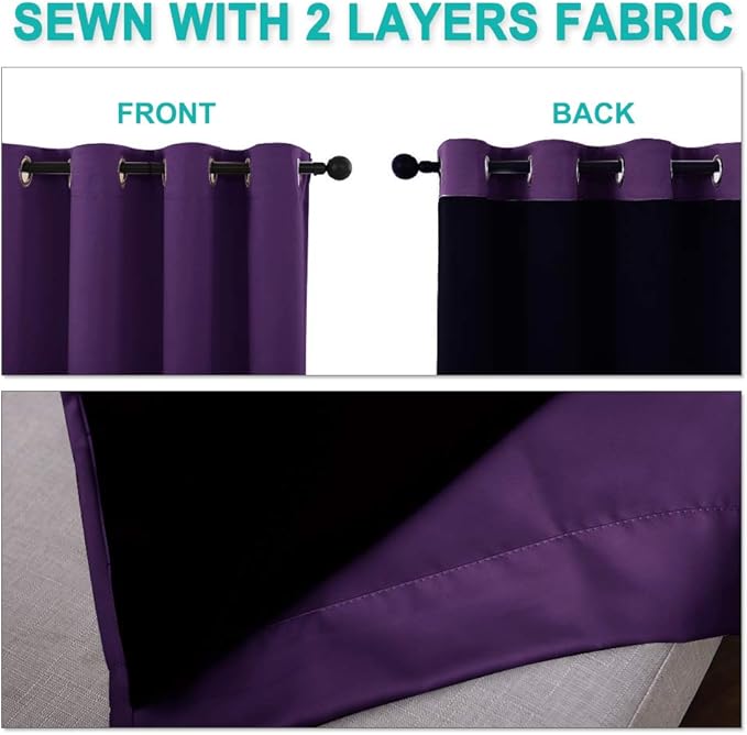 NICETOWN 100% Blackout Short Curtains with Black Liners, 2 Panels, 37" W by 63" L, Royal Purple, Solid Thermal Insulated Full Blackout 2-Layer Lined Drapes, Energy Efficiency Window Drapes for Bedroom