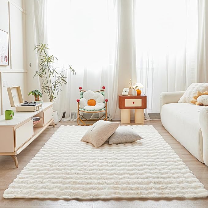 Creamy White Rabbit Plush Rug 5'x8', Fluffy Faux Fur Shaggy Area Rug for Nursery, Kids Room Decor, Soft Fuzzy Carpet for Living Room, Bedroom, Teen Girls Room