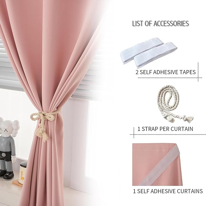 Self Adhesive Curtains, Stick Curtain Blackout Shades Window Cover Curtains for Living Room No Drilling, 59" W X 96" L, Pink, 1 Panel