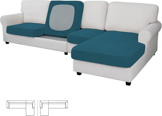 Easy-Going Stretch 4 Pieces Couch Cushion Covers for Sectional Sofa Left/Right L Shape Chaise Lounge Sofa Seat slipcover Anti-Slip Sofa Cover Soft (3 Seater + 1 Chaise, Peacock Blue)