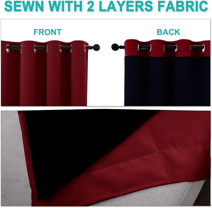 NICETOWN Full Shade Curtain Panels, 62 x 72 inch, Burgundy Red, Pair of Energy Smart & Noise Blocking Out Blackout Drapes for Dining Room Window, Thermal Insulated Guest Room Lined Window Dressing