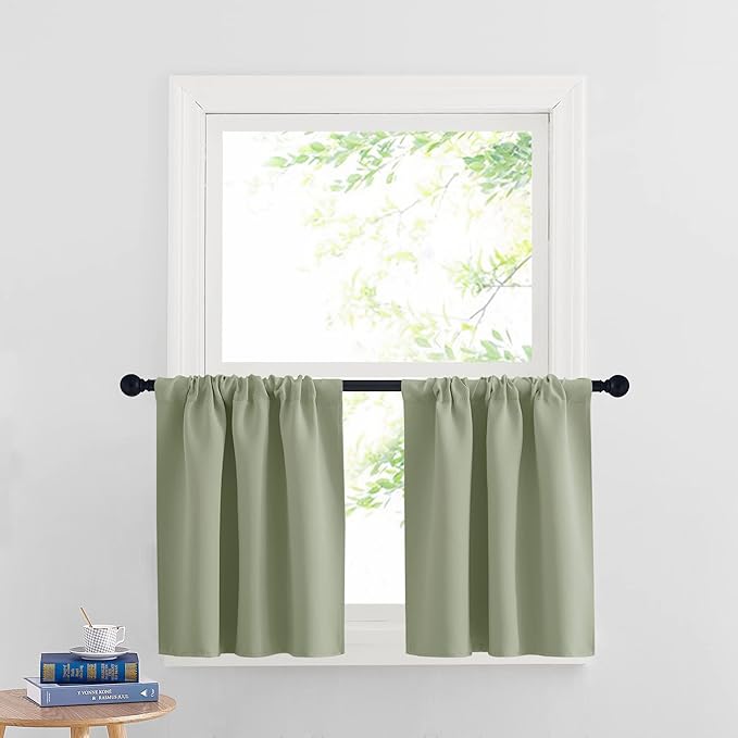 RYB HOME Cafe Blackout Curtains 24 inch Length, RV Curtains for Camper Windows, Mini Short Small Insulating Light UV Blocking Privacy Half Window Tiers, Width 29 by Length 24, Sage Green, 2 Panels