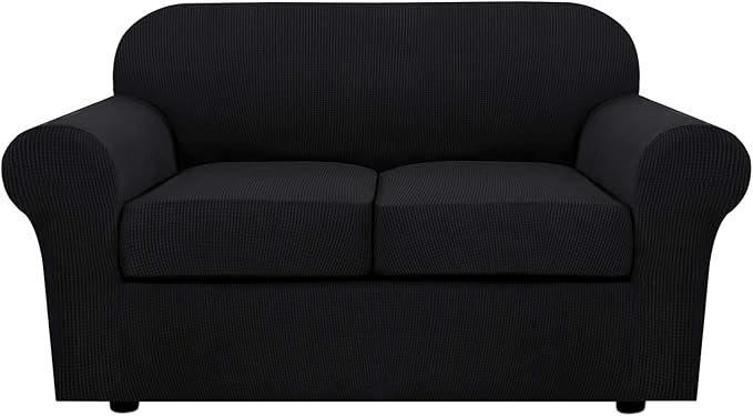 H.VERSAILTEX 3 Piece Stretch Sofa Covers for 2 Cushion Loveseat Couch Covers for Living Room Furniture Cover (Base Cover Plus 2 Seat Cushion Covers) Thicker Jacquard Fabric(Medium Sofa, Black)