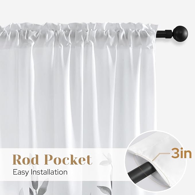 HOMEIDEAS Grey and White Semi Sheer Curtains, 84 Inches Long Light Filtering Drapes, Gray Leaf Printed Privacy Sheer Curtains for Bedroom Living Room, 2 Panels