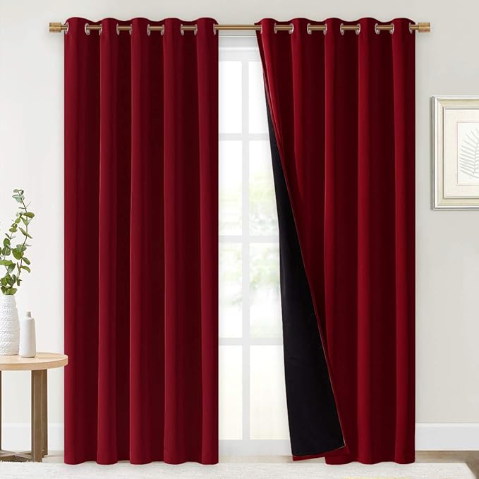 NICETOWN 100% Blackout Window Curtain Panels, Burgundy Red, 2 PCs, 62" Wide Each Panel, Cold and Full Light Blocking Drapes with Black Liner for Nursery, 84 inches Drop Thermal Insulated Draperies