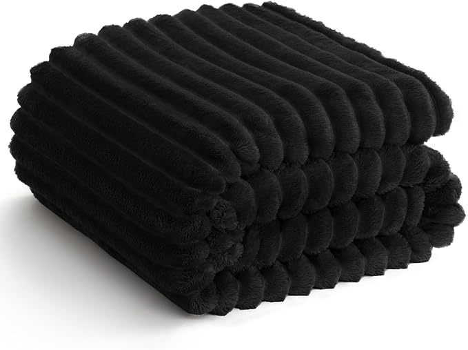HIMEET Black Ribbed Throw Blanket for Couch - 300GSM Lightweight Soft Fleece Blanket for Women Men, Cozy Blankets for Mothers Gifts, Striped Spring Home Room Decor, Black, 50x60 Inches