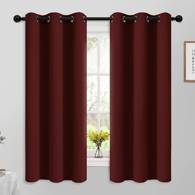 Yakamok 63 Inch Length Burgundy Red Blackout Curtains for Bedroom 63 Inch Length, Thermal Insulated Room Darkening Grommet Top Window Drapes for Living Room,42W x 63L,2 Panels