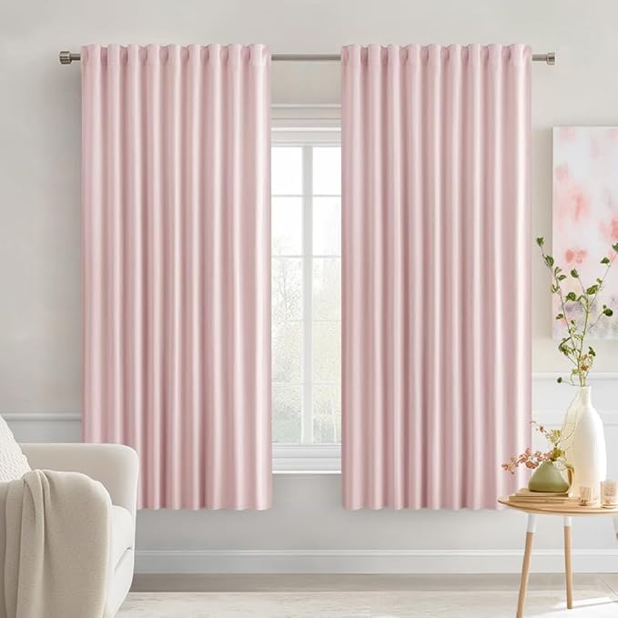 MIULEE Baby Pink Back Tab Blackout Curtains 63 Inch Length 2 Panels Set for Living Room Bedroom Privacy, Rod Pocket/Pinch Pleat Thermal Insulated Room Darkening Pleated Light Blocking Drapes