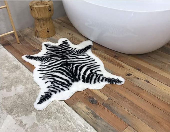 Zebra Print Rug Faux Animal Cowhide Skin Area Rug Leather Carpet Mat Small Size for Home Office Livingroom 3.1' x 3.6'