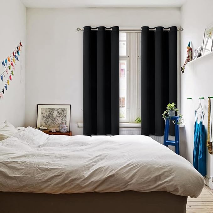 BGment Black Blackout Curtains for Bedroom 63 Inches Long, Black Out Room Darkening Light Blocking Thermal Insulated Grommet Window Drapes for Summer Heat, Each Panel 42 Inch Wide