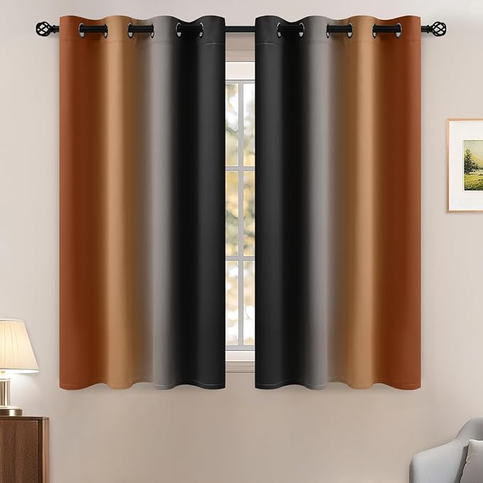 Yakamok Blackout Ombre Burnt Orange and Black Curtains-Gradient Room Darkening Curtain, Grommet Thermal Insulated Light Blocking Window Drapes Curtain for Living Room Bedroom,52 x 54 Inch,2 Panels
