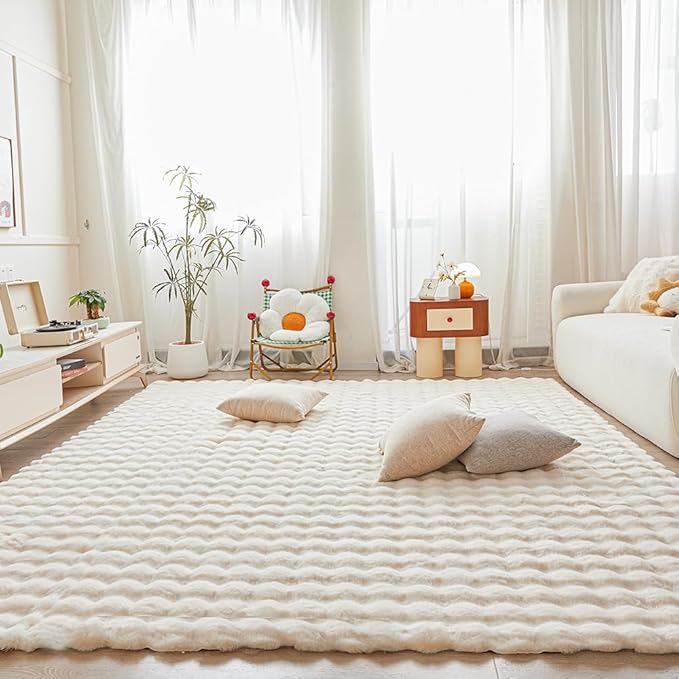 Creamy White Rabbit Plush Rug 8'x10', Fluffy Faux Fur Shaggy Area Rug for Nursery, Kids Room Decor, Soft Fuzzy Carpet for Living Room, Bedroom, Teen Girls Room
