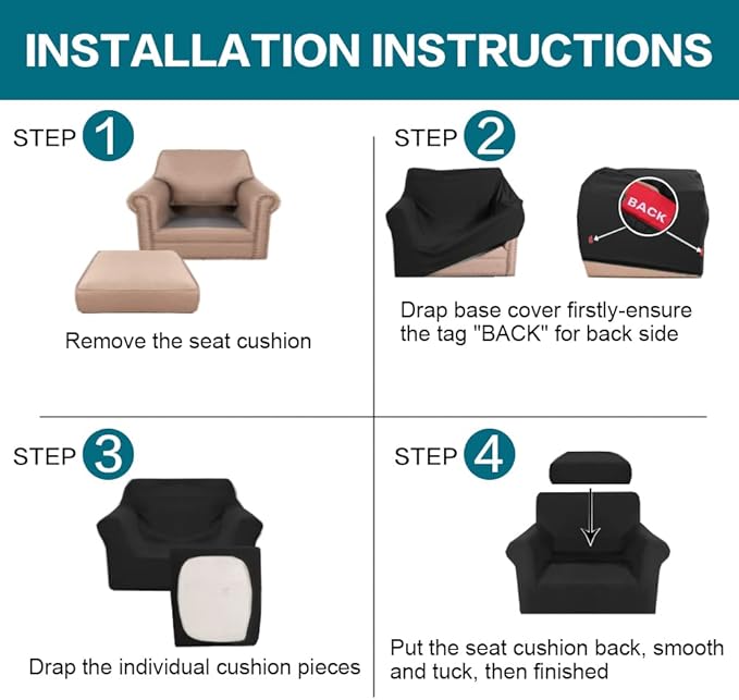 Turquoize 2 Piece Chair Covers Chair Slipcovers for Living Room Armchair Couch Cover Chair Sofa Cover with Individual Cushion Covers Furniture Cover for Chairs Feature Jacquard Fabric (Chair, Black)
