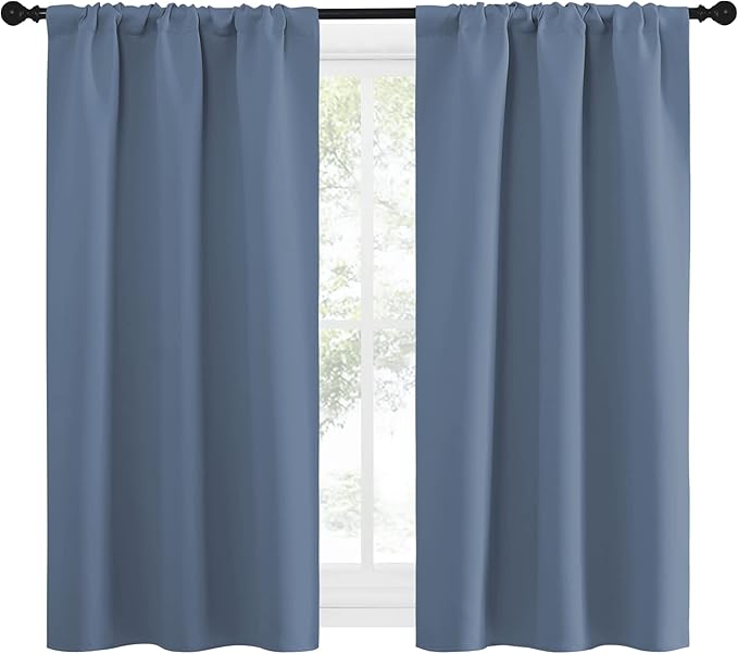 NICETOWN Kitchen Curtains, Short Blackout Curtains & Drapes, Small Window Rod Pocket Draperies for Bedroom (Stone Blue, 34 in x 54 in (W x L), Set of 2)