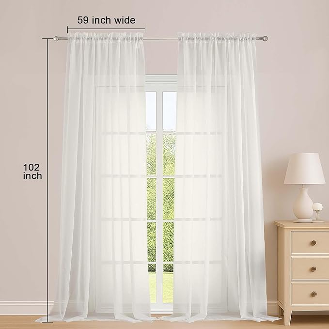 OWENIE Ivory Sheer Curtains 102 Inches Long 2 Panels Set, Sheer Curtain for Living Room Bedroom, Modern Voile Filmy Rod Pocket Curtains & Drapes, 2 Pcs, Each 59 W x 102L Inch, Ivory