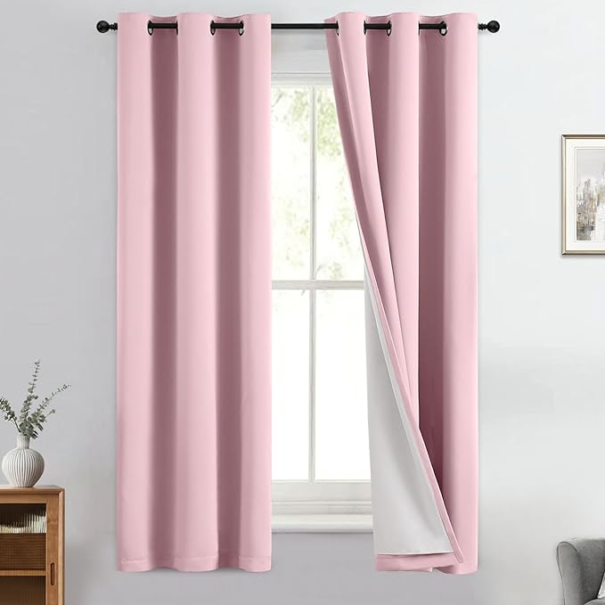 Yakamok 100% Blackout Curtain Panels 63 inches Cold and Light Blocking Drapes for Nursery, 2 Thick Layers Thermal Insulated Draperies (2 Pieces, 40 Wide Each Panel, Pink Front with White Backing)