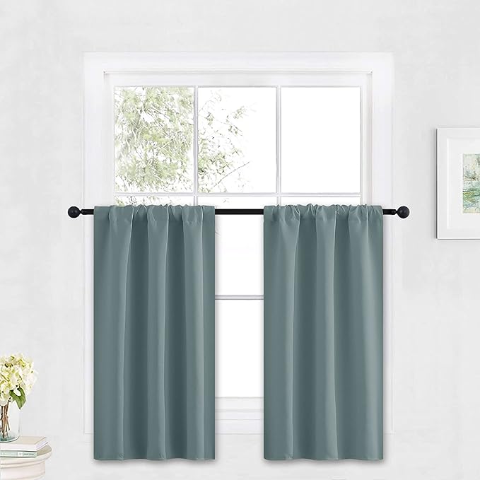 RYB HOME Blackout Cafe Curtains 30 inch Length, Short Light UV Heat Blocking Energy Saving Privacy Curtain Tiers for Basement Bathroom Kitchen Window, Width 29 by Length 30, Dusty Blue, 2 Panels