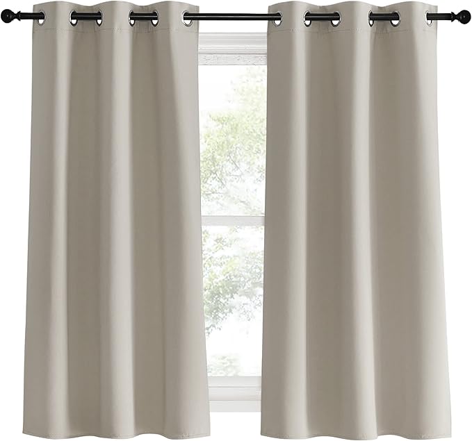 NICETOWN Kitchen Curtains, Short Curtains for Bedroom Windows, Natural, 34" W by 60" L, 1 Pair, Thermal Insulated Room Darkening Curtain Panels for Girls Room, Cafe