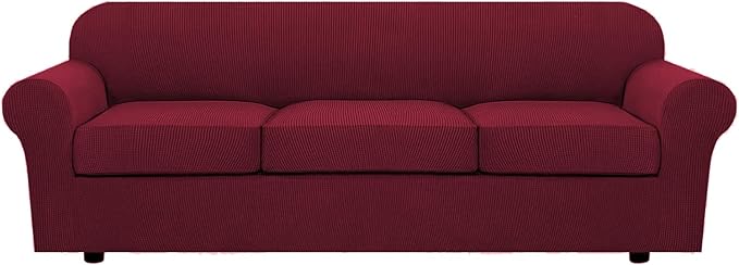 H.VERSAILTEX 4 Piece Stretch Sofa Covers for 3 Cushion Couch Covers for Living Room Furniture Slipcovers (Base Cover Plus 3 Seat Cushion Covers) Thicker Jacquard Fabric (Large Sofa, Burgundy)