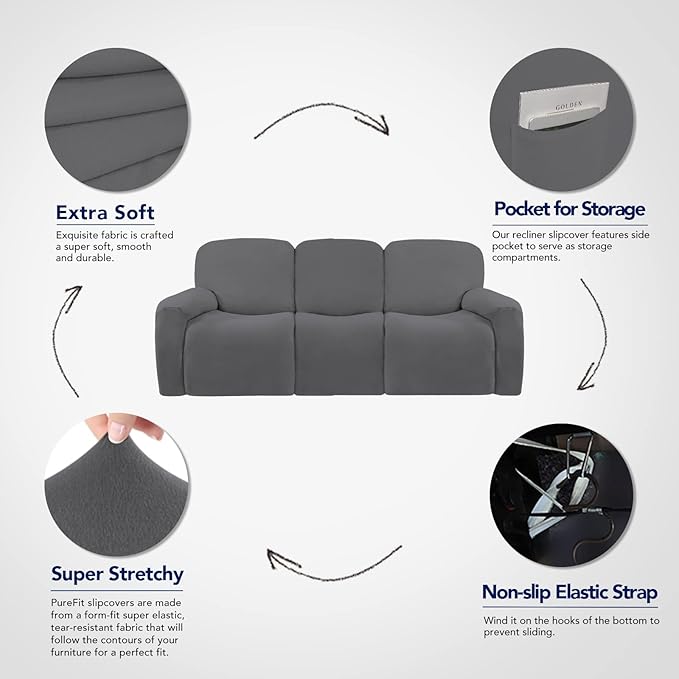 PureFit Super Stretch 3 Seats Recliner Sofa Couch Cover with Pocket – Non Slip Soft Sofa Slipcover, Washable Spandex Reclining Furniture Protector for Kids, Pets (Recliner Sofa, Gray)