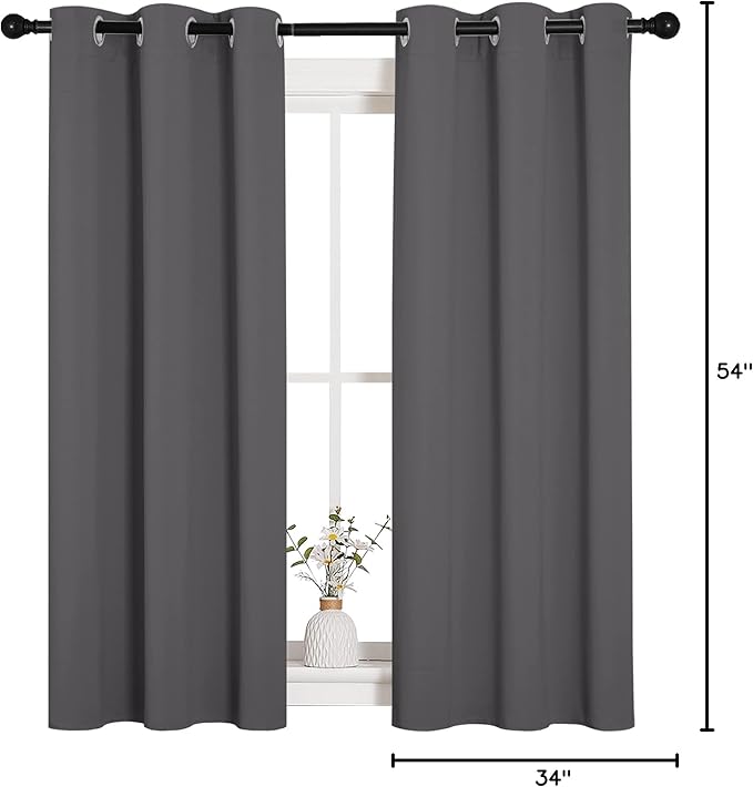 NICETOWN Bedroom Curtains Blackout Drapery Panels, Three Pass Microfiber Thermal Insulated Solid Ring Top Blackout Window Curtains/Drapes (Two Panels, 34 x 54 inches, Gray)