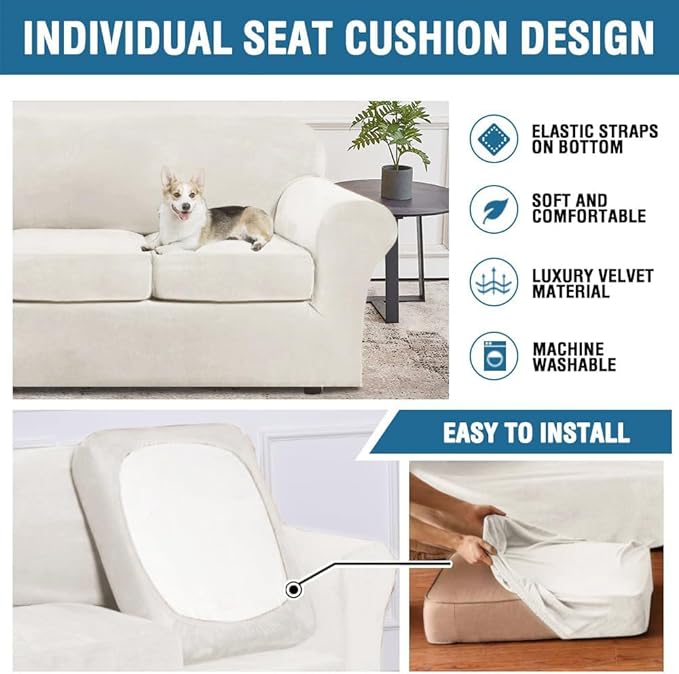 H.VERSAILTEX Rich Velvet Stretch 2 Piece Chair Cover Chair Slipcover Sofa Cover Furniture Protector Couch Soft with Elastic Bottom Chair Couch Cover Width Up to 49 Inch (Chair, Porcelain White)